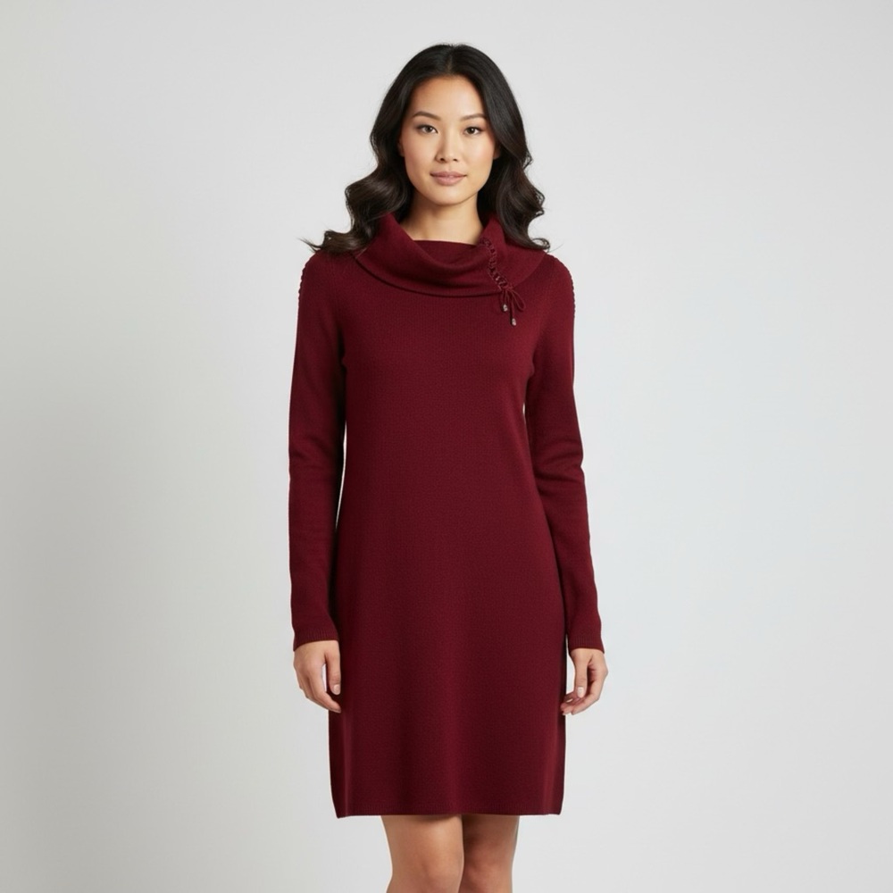 Burgundy Wine Cowl Neck Sweater Sheath Dress sizeā Small Lacing Sleeves